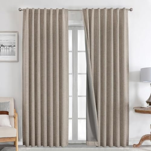 Joydeco Blackout Thermal Lined Curtains 55x94 Inch Drop 2 Panels with Back Tabs & Rod Pocket, 100% Light Blocking Linen Texture Fabric Curtain Drapes for Living Room Bedroom