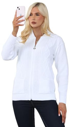 STAR FASHION Women's Cable Knit Zip Through Jumper Long Sleeve Cardigan Ladies Collared Neck Knitwear Zipper Cardigan 2 Pocket Pullover White 16-18