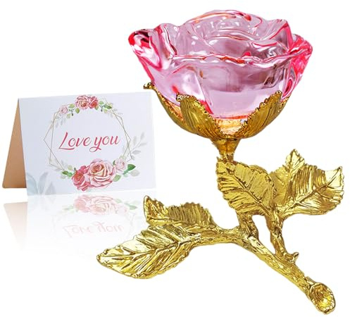 Rosa Kristall Rose Figur mit Golden Stiel,3D Glasrose Geschenk für Sie, K9 Kristallrose mit Wunschkarte,Ewige Blume für Frauen zum Geburtstag, Muttertag, Hochzeit, Jahrestag, Valentinstag, Weihnachten