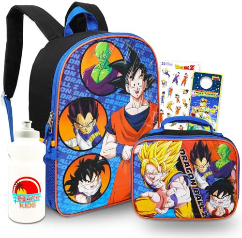 TOEI Animation Dragon Ball Z Backpack with Lunch Box - Bundle with 16 Dragon Ball Z Backpack, Dragon Ball Lunch Bag, Water Bottle, Stickers, More | Dragon Ball School Backpack Kids, Multicolor,