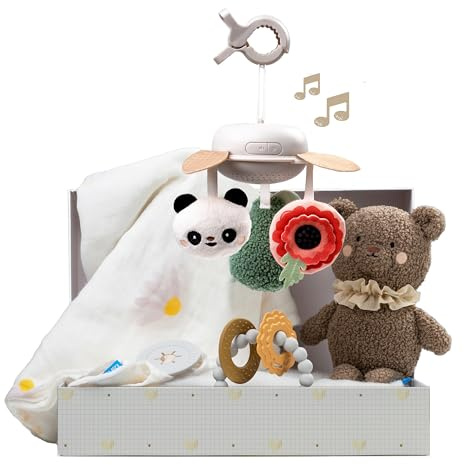 Taf Toys Luxus Neugeborenes Girt Set Baby Sensory Box Cotton Bamboo Swaddle Take Along Musical Mobile Bear Soft Toy & Silicone Beißring New Welcome Baby Geschenk Neugeborenes Baby Junge Mädchen