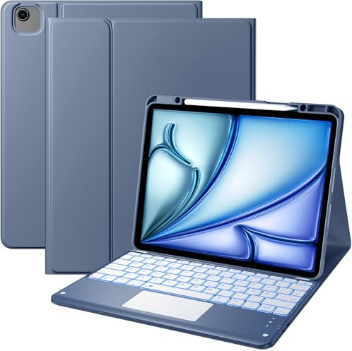 Vobafe Hülle mit Tastatur für iPad Air 13 Zoll 2025 M3/2024 M2, iPad Pro 12.9 (3. 4. 5. 6. Gen), QWERTZ Keyboard Multi-Touch Trackpad 7 Farben Beleuchtung, Pflegeleicht, mit Stifthalter, BlauGary