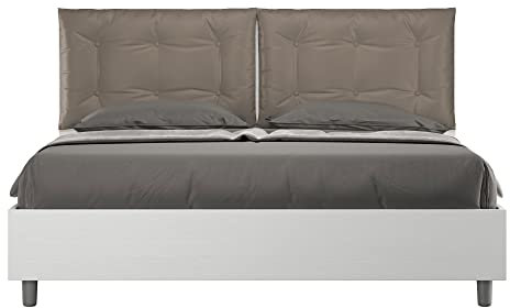 ITYHOME Letto matrimoniale contenitore doppia alzata 160x190 bianco frassino cuscini similpelle cappuccino Egos Annalisa