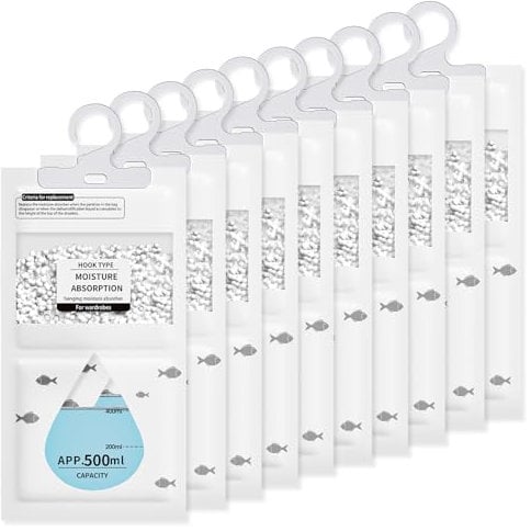 UHOUSEST 10 Pack Wardrobe Dehumidifier Hanging Bags, High Absorbency Moisture Absorbers for Damp, Mould & Condensation, Eco-Friendly Dehumidifiers for Home, Bathroom, Basement, Office & Caravan