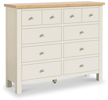 RoselandFurniture Farro Cream Wide 4 Over 6 Chest of Drawers for Bedroom | Ready Assembled, Wooden Storage Dresser with Natural Oak Top, Painted Finish, Shaker Style, H98.5cm W120cm D36cm