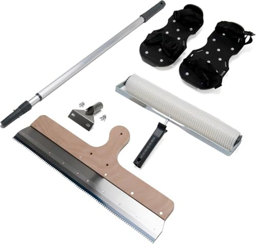 EXLECO Kit D'outils de Ciment Autonivelant avec Raclette Dentée, Manche Télescopique, Rouleau Debulleur 50 cm, Rouleau à Pointes 23CM, Chaussure a Pointe Ragreage 30MM Gants Niveler le Sol Composé