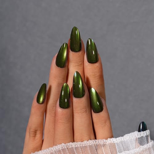 KQueenest Neon Green Cat Eye Press on Nails Almond Medium, Bling Black False Nails with Glue, Glazed Sparkly Fake Nails Press ons, Reusable Soft Gel Stick on Nail for Women Gothic Decoration, 30 Pcs