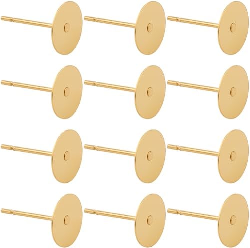 SUNNYCLUE 1 Caja 200Pcs Real 24K Chapado en Oro de Acero Inoxidable Pendiente Postes Pendiente Stud Postes a Granel 8mm Plana Espalda Redonda Almohadilla en Blanco ajustes Tuerca Studs hallazgos para