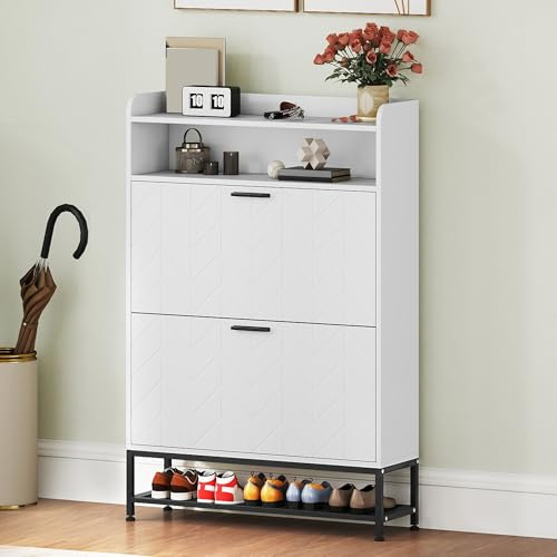 DWVO Schuhschrank weiß (80x24x117 cm) – Schuhregal mit 2 Schubladen & offenen Fächern | Bodenstehender Aufbewahrungsschrank für Flur, Wohnzimmer, Schlafzimmer | Modern mit Metallbeinen