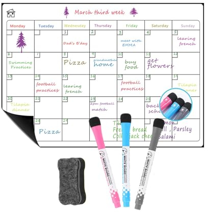XoeLLe Monatsplaner Abwischbar, 42×30cm Trocken Whiteboard Fridge Familienplaner, Magnettafel für Den Kühlschrank con 3 Marker & Radierer