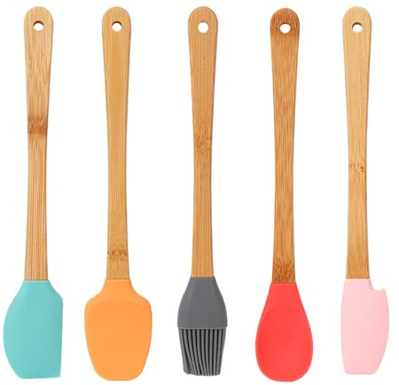 ZenithQuest 5 Piece Mini Silicone Kitchen Utensil Set with Wooden Handles, 21cm Heat Resistant Non-Stick Spatula Spoon Brush for Baking Cooking Camping