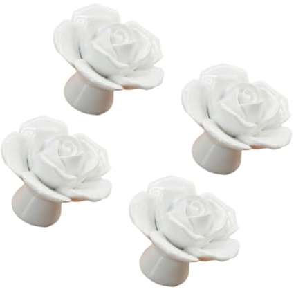 SHINEOFI Lot de 4 Poignées de Tiroir en Céramique Blanche, Boutons de Meuble Forme Rose, Poignées de Porte de Placard Décoratives, Accessoires pour Armoire et Commode, Style Floral
