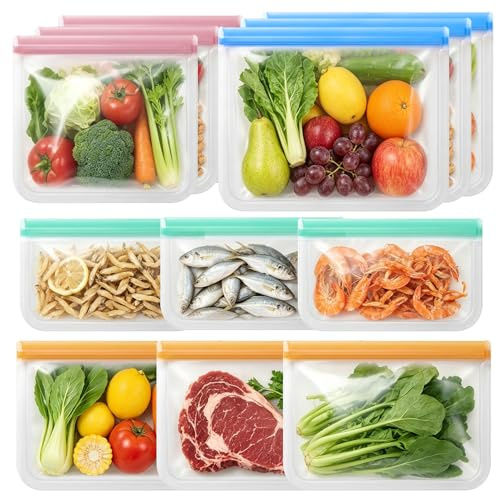 12PCS Reusable Silicone Freezer Bags, BPA Free Ziplock Bag for Food Storage | Silicone Food Bags Set, Leakproof Airtight Food Storage Bag for Keeping Lunch, Vegetable Sandwich, Fruits, Snacks (4 Sizes)