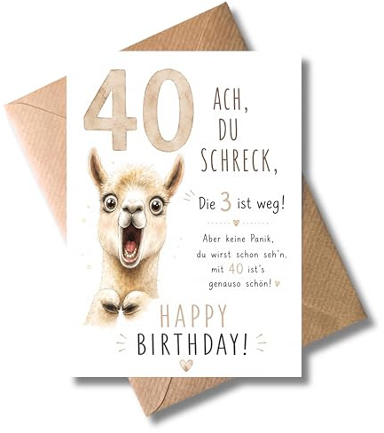 WBdesignz lustige Alpaka Geburtstagkarte mit Umschlag - Humorvolle Karte zum 40. Geburtstag - Glückwunschkarte 40 Jahre - Ach du Schreck die 3 ist weg - Tierkarte mit Spruch (DIN A6)