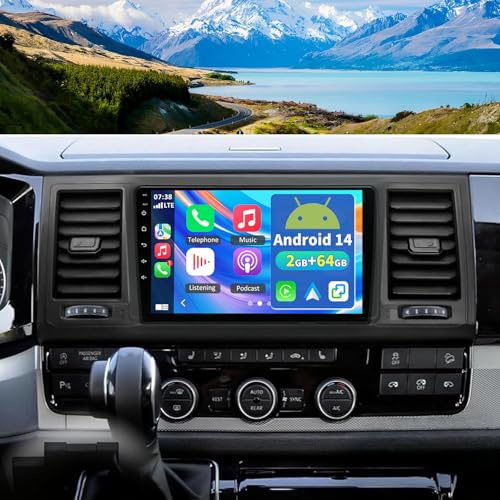 2+64G 9 Zoll Bluetooth Autoradio mit Bildschirm für VW T6 Transporter Multivan 2016-2022 Android 14 2 Din Radio Kabellosem Carplay Android Auto Touchscreen FM RDS GPS Navi Mirror Link Rückfahrkamera