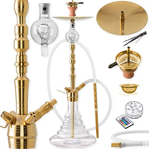 DILAW® Onyx Shisha Edelstahl Gold V2A 93cm Hookah Big Size + LED Licht | Wasserpfeife Kaminkopf Komplettset Molassefänger mit 4 Anschlüssen Kopfadapter Silikonschlauch Alumundstück Tabakkopf