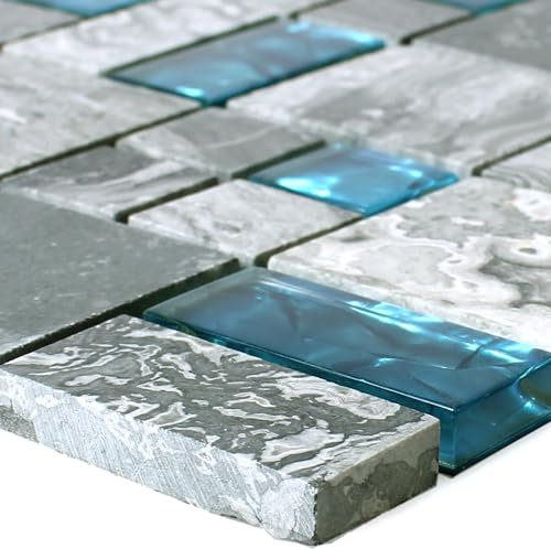 Glas Mosaik Naturstein Fliesen Sinop Grau Blau 2 Mix Format Glänzend Poliert Bad