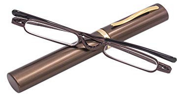 KoKoBin Mini Schmal Lesebrille Federscharnier Metall Lesehilfe Unisex-Sehhilfe mit Etui(Braun，+2.0)