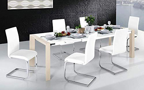 Dafne Italian Design Mesa extensible pino claro, cristal blanco (180 x 90 x 75 cm)