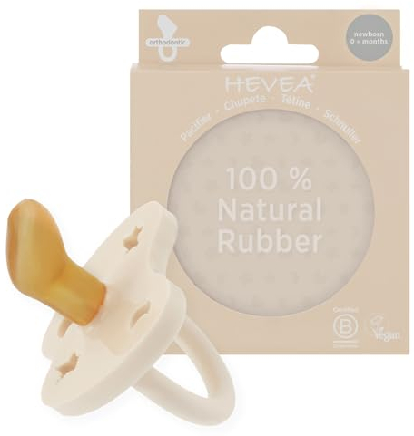 HEVEA Sucette Bebe PHYSIOLOGIQUE caoutchouc naturel / 0+ mois - Sans BPA, PVC, ni Phtalates - Design Danois Tétine avec 4 Trous de Ventilation - Hygiénique - Boite unitaire (Blanc lait)
