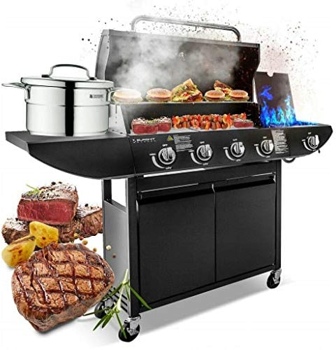 Campfire 4+1 Gas Burner Grill BBQ Barbecue with Side Burner & Storage Garden - Black