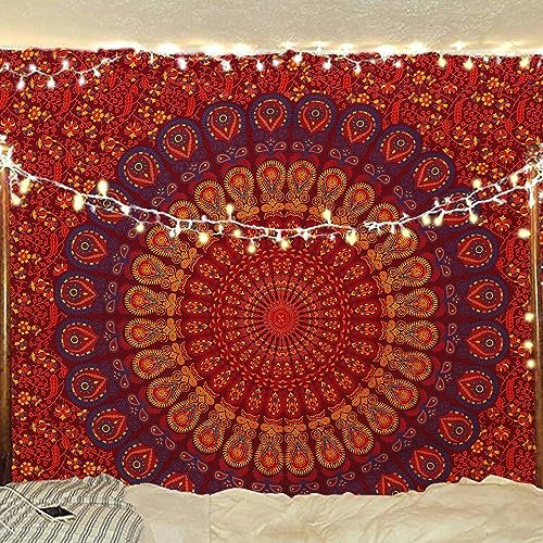 Bless International Indischer Hippie Bohemian Psychedelic Peacock Mandala Wandbehang Bettwäsche Tapisserieoth (GoldenBrown Maroon,Medium(54x60Inches)(137x152cms))