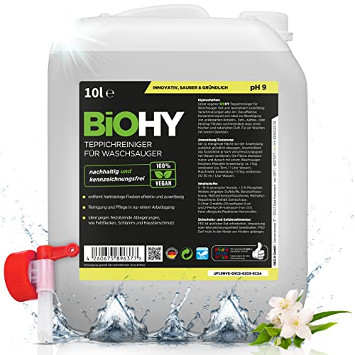 BiOHY Teppichreiniger für Waschsauger (10 Liter Kanister) + Auslaufhahn | geeignet für alle Waschsauger | entfernt Flecken und Schmutz mühelos | Reinigung und Pflege in nur einem Arbeitsgang
