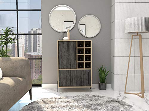 Home Source Storage Cabinet, Drinks Bar Sideboard Cupboard, Grey Oak Effect Doors, 8 Bottle Rack, Engineered Wood, Medium