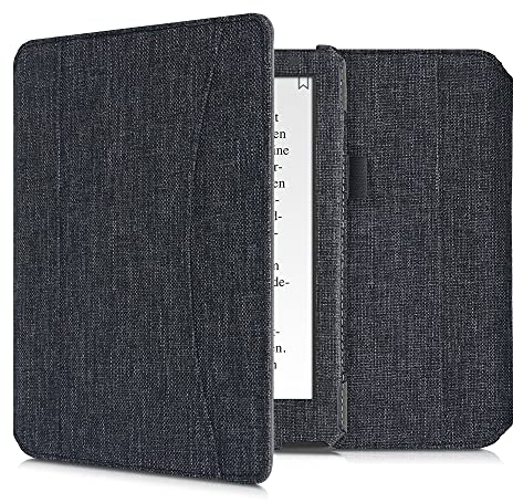 kwmobile Flip-Cover Compatibile con Kobo Aura H2O Edition 2 - Full-Case Anti-graffio con Porta-Carte Fascia Prensile - Tessuto Grigio Scuro