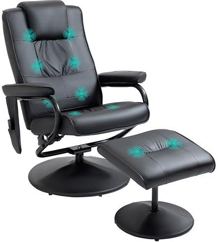 HOMCOM Swivel Recliner Chair and Footstool, Faux Leather Massage Recliner Armchair with Remote Control and Round Wrapped Base, Black