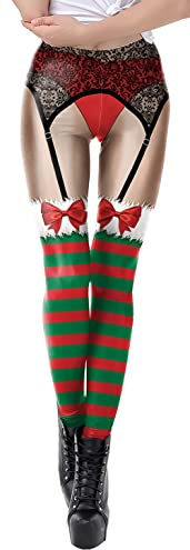 FEOYA Damen Weihnachten Kostüme Druck Stretchy Leggings Xmas Lustige Strumpfhose Weihnachtsmann Streifen Leggings Yoga Skinny Hosen Workout Laufen Pilates Rot S-XL, 22, L