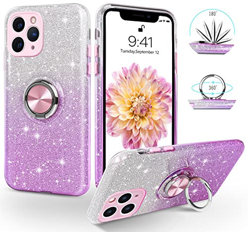 SouliGo for iPhone 11 Pro Case Glitter Bling Sparkle Trendy Girls Women Cover 360° Ring Holder Kickstand Magnetic Car Mount Protective Phone Case for iPhone 11 Pro 5.8“, Gradient Purple