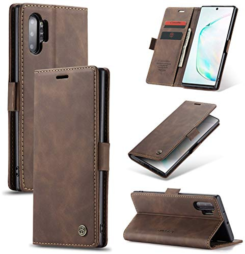 CaseMe Hülle für Samsung Galaxy Note 10 Plus Vintage Dünne Handyhülle mit Kartenfach Geld Slot Ständer PU Ledertasche Flip Schutzhülle für Samsung Galaxy Note 10 Plus- Kaffee Braun