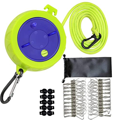 QeeHeng Tendedero de viaje ajustable, tendedero portátil de 32 pies, cuerda de secado resistente al viento para exteriores/interiores/hogar/lavandería, con 20 pinzas resistentes al viento y 10 tapones