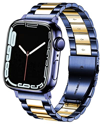 DEALELE Correa compatible con iWatch 38 mm, 40 mm, 41 mm, 42 mm, acero inoxidable sólido, correa de repuesto para Apple Watch Series 10/9/8/7/6/5/4/3/SE, para mujer, hombre, azul/dorado