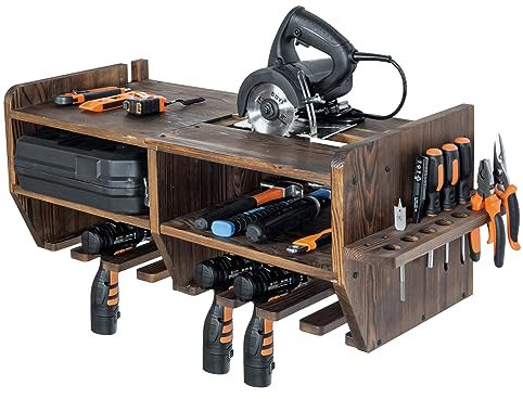 MyGift Power Tool Organizer Station - Wall Mounted Rustic Burnt Solid Wood Toolbox Storage Shelves, 8 Drill Hanging Compartments, 15 Hand Tools Slots, Circular Saw Holder