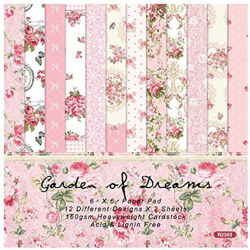 ZAKHSE Motivpapier Frühling,48 Bögen Bastelpapier 15,2x15,2cm,Blumen Schleifen Muster Designpapier,12 Designs,Einseitig Bedruckt 160gsm Dekorpapier Basteln Kartenherstellung Scrapbook Zubehör-Rosa