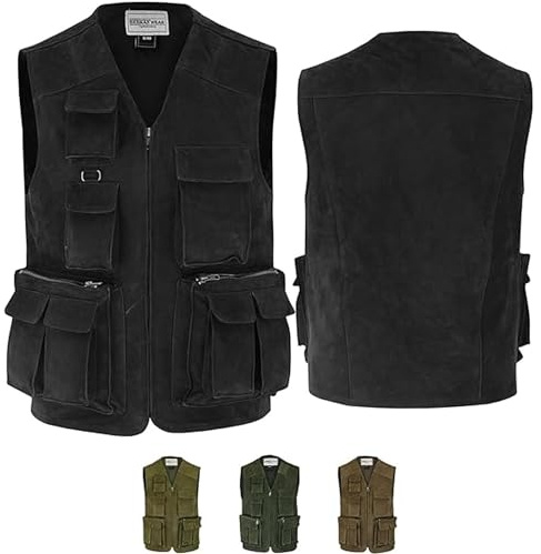 German Wear Herren Jagd Lederweste Jagdweste aus Nubuckleder - Freizeit 9-Taschen Angelweste - Outdoor Camping Multi-Taschen Angler Weste - Multifunktionsweste Tarnweste Schwarz - 50