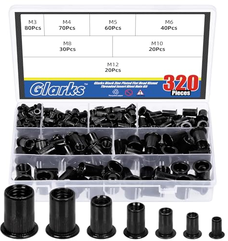 Glarks Set di 320 dadi filettati M3 M4 M5 M6 M8 M10 M12 in acciaio al carbonio zincato nero a testa piatta rivnut inserti filettati (kit dado rivetto)