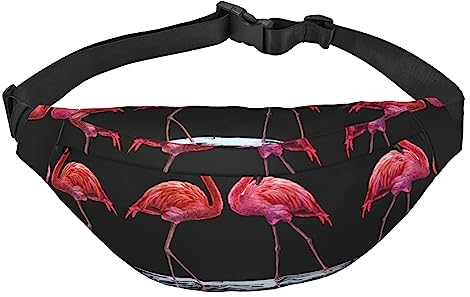 Bauchtasche mit niedlichem Flamingo-Druck, verstellbarer Riemen, lässige Hüfttasche für Sport, Reisen, Schwarz , Einheitsgröße