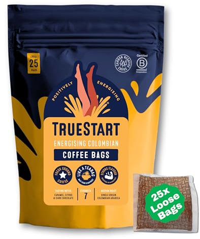 TrueStart Coffee Bags, Smooth Energising Colombian Arabica – 25 Loose Bags Mycotoxin-Free Coffee Rich in Antioxidants, Quick Brew, Individually Wrapped & Gluten Free, Resealable Pouch