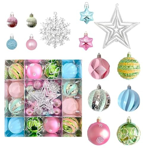 50PCS Pastel Christmas Ornaments Set – Pink, Mint & Blue Baubles | 6cm & 3cm Shatterproof Balls, Stars & Snowflakes | Cute Aesthetic Xmas Tree Decorations for Holiday, Party & Home Décor