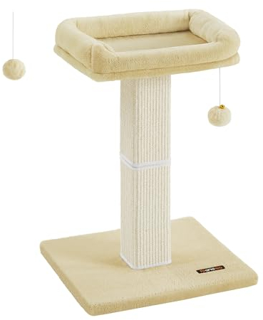 Feandrea Kratzbaum, Katzenbaum mit 40 x 30 cm Plattform aus Plüsch, Kratzstamm, Katzenkratzbaum, 71 cm hoch, Kratzsäule mit geflochtenem Sisal, 45 x 40 cm Sockel, mit Plüschball, beige PCA022M01