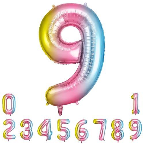 OFFCUP Farbverlauf Zahl Luftballoon, Riesige Folienballon Zahl 9, 40 Zoll Helium Ballons Geburtstag zahlen Luftballon Geburtstagsdeko Zahlenballon Jubiläumsparty Dekoration Bunt Folienzahlen Ballons