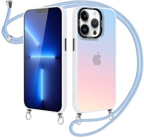 Xylota Handykette für iPhone 13 Pro Max 6.7 '' Hülle mit Band, Bunt Matt Silikon Handyhülle Bumper Case mit Kette Kordel Schlüsselband, Stoßfeste Schutzhülle für iPhone 13 Pro Max zum Umhängen, Blau