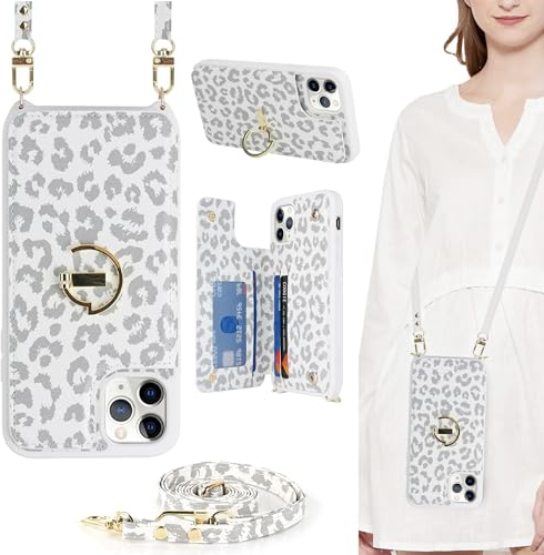 ELTEKER for iPhone 11 Pro Max Phone Case with Card Holder and Strap,PU Leather Wallet Case Flip Cover with Crossbody Lanyard for iPhone 11 Pro Max (6.5 Inch) - White Leopord