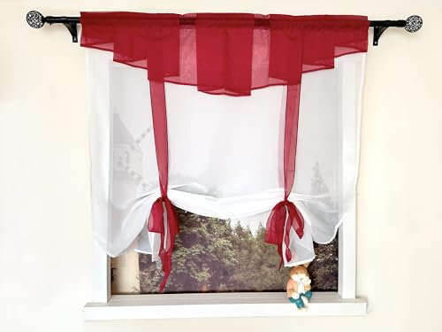 Devola Kleinfenster Raffrollo Kuvert Gardinen Voile Raffgardinen Bändchenrollo mit Stangendurchzug Küchenvorhang Transparent Modern Fertiggardinen Wohnzimmer HxB 140x100cm Rot 1 Stück