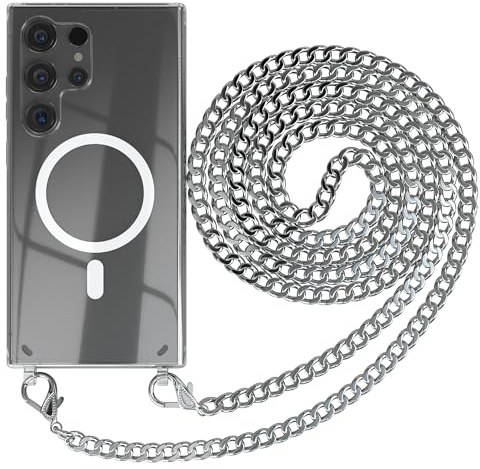 EAZY CASE - Handykette kompatibel mit Samsung Galaxy S24 Ultra Kette zum Umhängen Stoßfest Handyhülle für Galaxy S24 Ultra Silikon Hülle mit Band aus Metall Handytasche Transparent in Silber