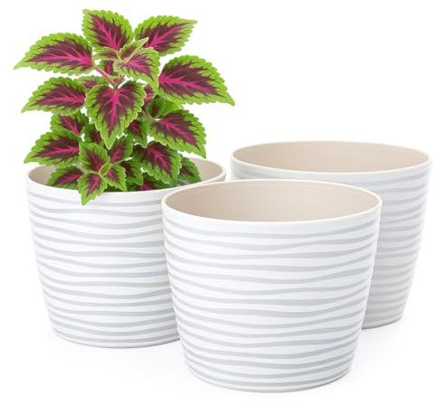 Home Garden Ornaments Vito Blumentopf & Übertopf Kunststoff – 3er Set Ohne Abflussloch Mit Untersetzer, 3D Wellenmuster, Pflanztopf Für Zimmerpflanzen & Balkon (13 cm Weiß)