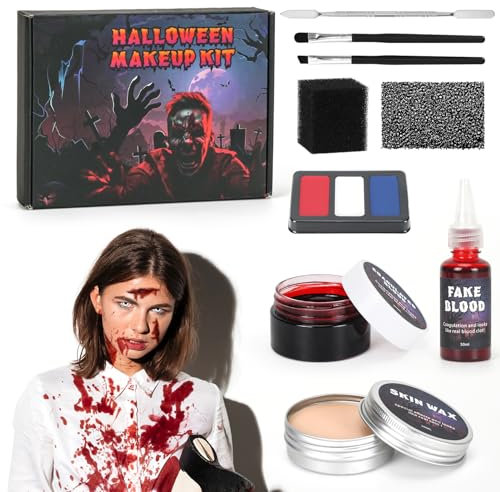 Kunstblut Halloween, Halloween Schminke, Kunstblut Spray+Blut Gel+Scar Wax+Make up Palette+Spatel+Schwamm+Pinsel, Vampire Zombie Schminke, für Halloween Karneval Party Cosplay Makeup